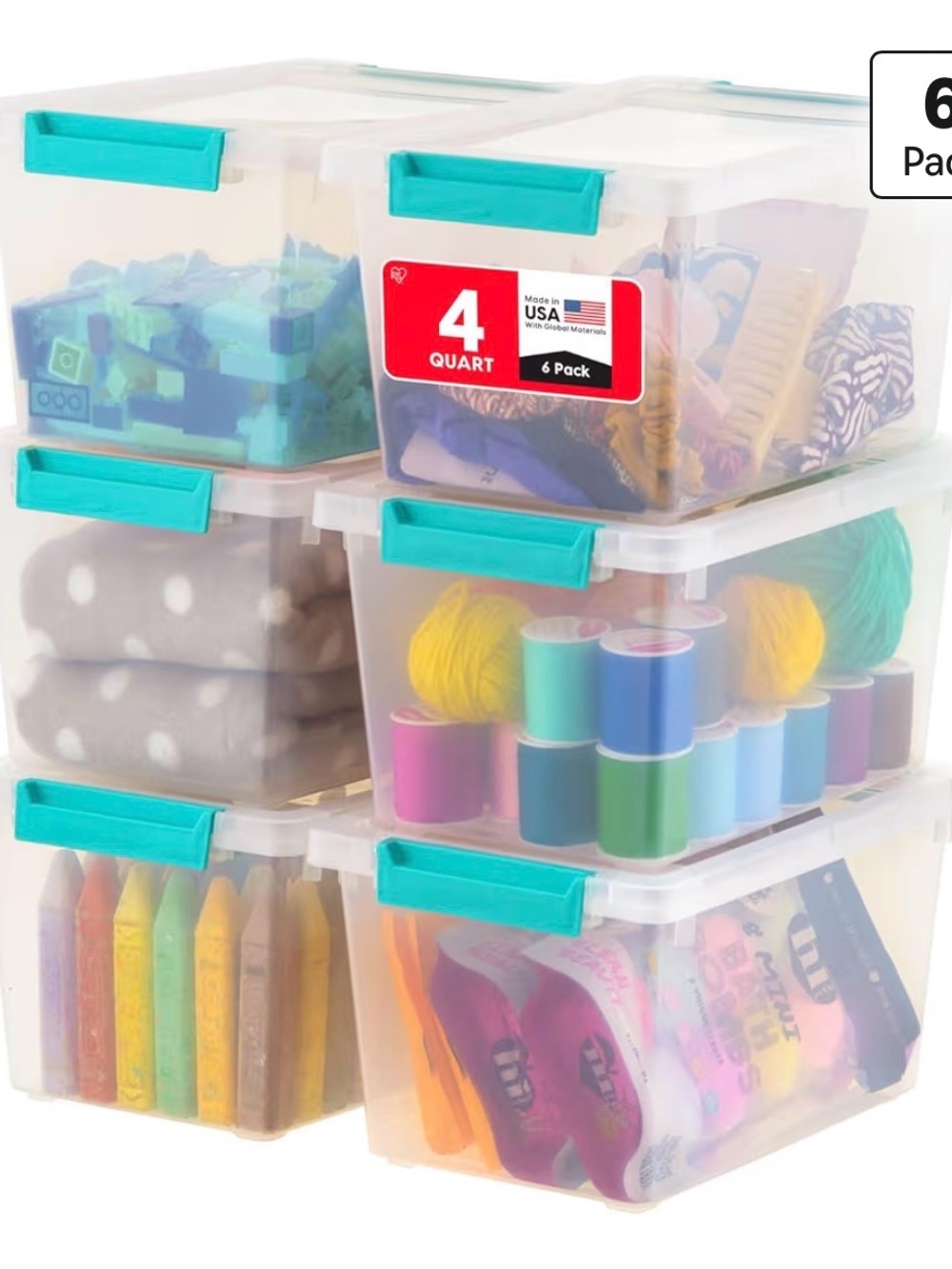 4 Qt  6 Clear Stackable Storage Bins with Teal Latches - 6 Pack - Picture 6 of 6